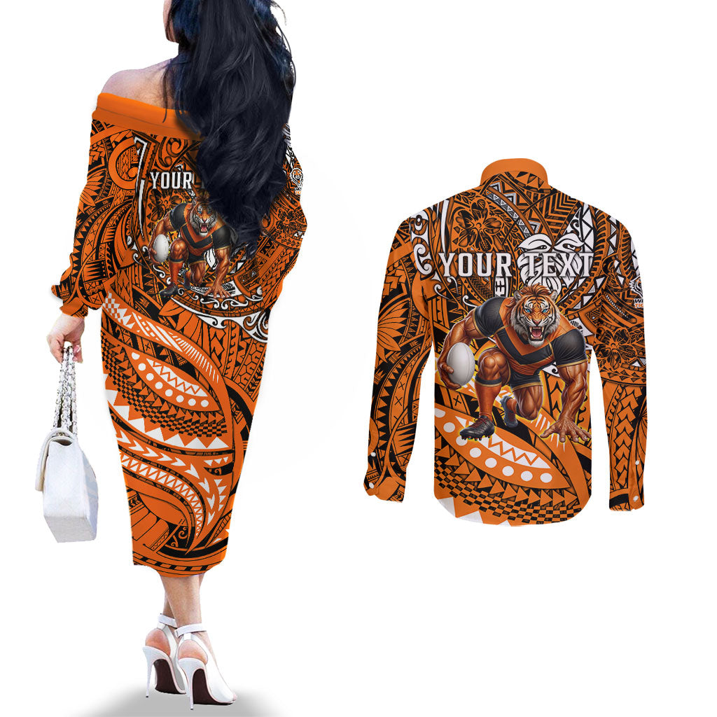Personalised Wests Tigers Couples Matching Off The Shoulder Long Sleeve Dress and Long Sleeve Button Shirt Polynesian Tribal Art Style With Powerful Tiger Mascot
