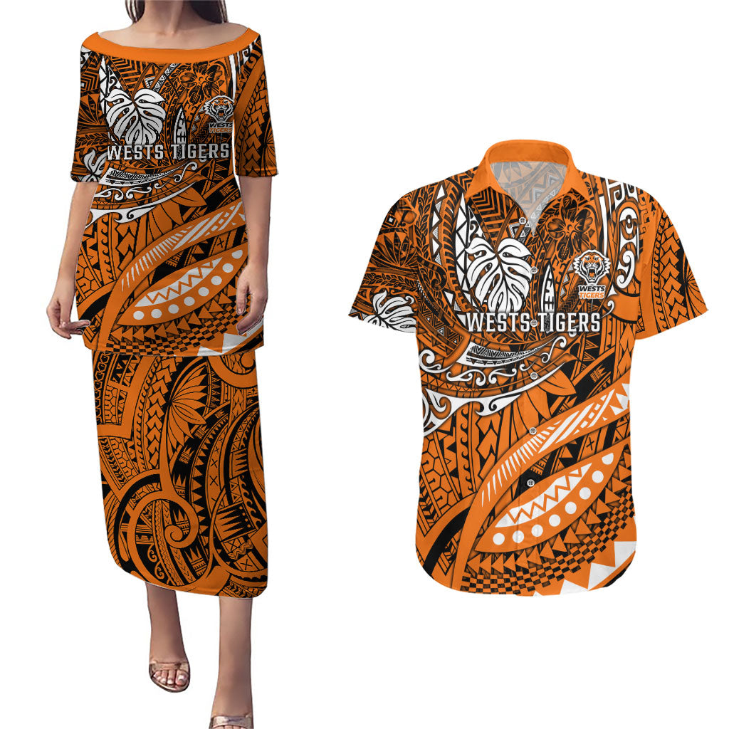 Personalised Wests Tigers Couples Matching Puletasi and Hawaiian Shirt Polynesian Tribal Art Style With Powerful Tiger Mascot