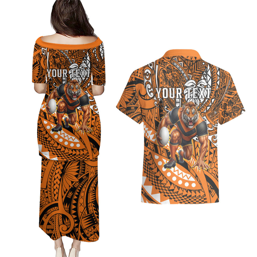 Personalised Wests Tigers Couples Matching Puletasi and Hawaiian Shirt Polynesian Tribal Art Style With Powerful Tiger Mascot