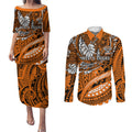 Personalised Wests Tigers Couples Matching Puletasi and Long Sleeve Button Shirt Polynesian Tribal Art Style With Powerful Tiger Mascot