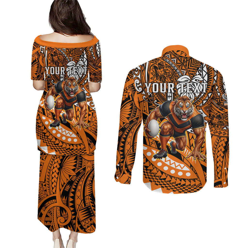 Personalised Wests Tigers Couples Matching Puletasi and Long Sleeve Button Shirt Polynesian Tribal Art Style With Powerful Tiger Mascot