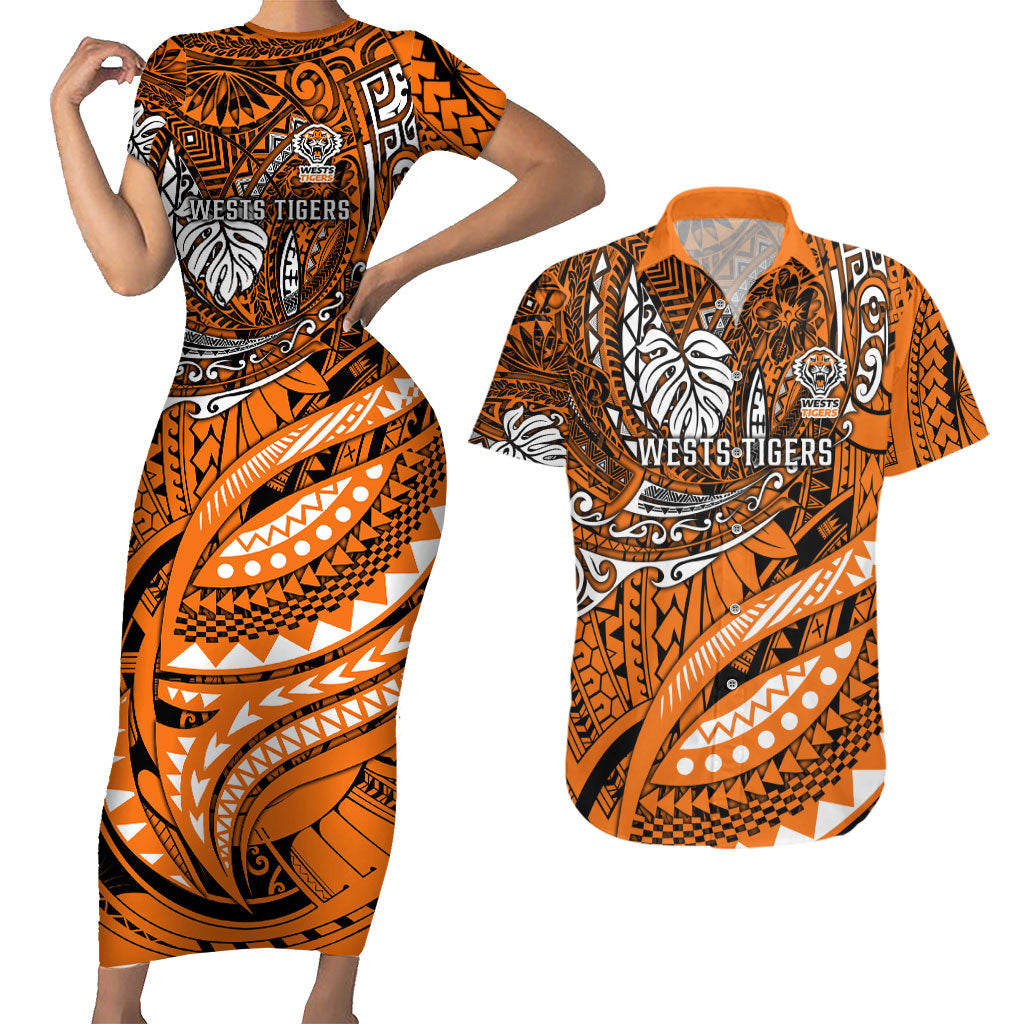 Personalised Wests Tigers Couples Matching Short Sleeve Bodycon Dress and Hawaiian Shirt Polynesian Tribal Art Style With Powerful Tiger Mascot