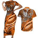 Personalised Wests Tigers Couples Matching Short Sleeve Bodycon Dress and Hawaiian Shirt Polynesian Tribal Art Style With Powerful Tiger Mascot