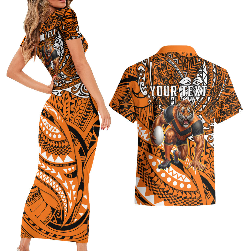 Personalised Wests Tigers Couples Matching Short Sleeve Bodycon Dress and Hawaiian Shirt Polynesian Tribal Art Style With Powerful Tiger Mascot