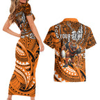 Personalised Wests Tigers Couples Matching Short Sleeve Bodycon Dress and Hawaiian Shirt Polynesian Tribal Art Style With Powerful Tiger Mascot