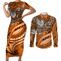 Personalised Wests Tigers Couples Matching Short Sleeve Bodycon Dress and Long Sleeve Button Shirt Polynesian Tribal Art Style With Powerful Tiger Mascot