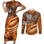 Personalised Wests Tigers Couples Matching Short Sleeve Bodycon Dress and Long Sleeve Button Shirt Polynesian Tribal Art Style With Powerful Tiger Mascot
