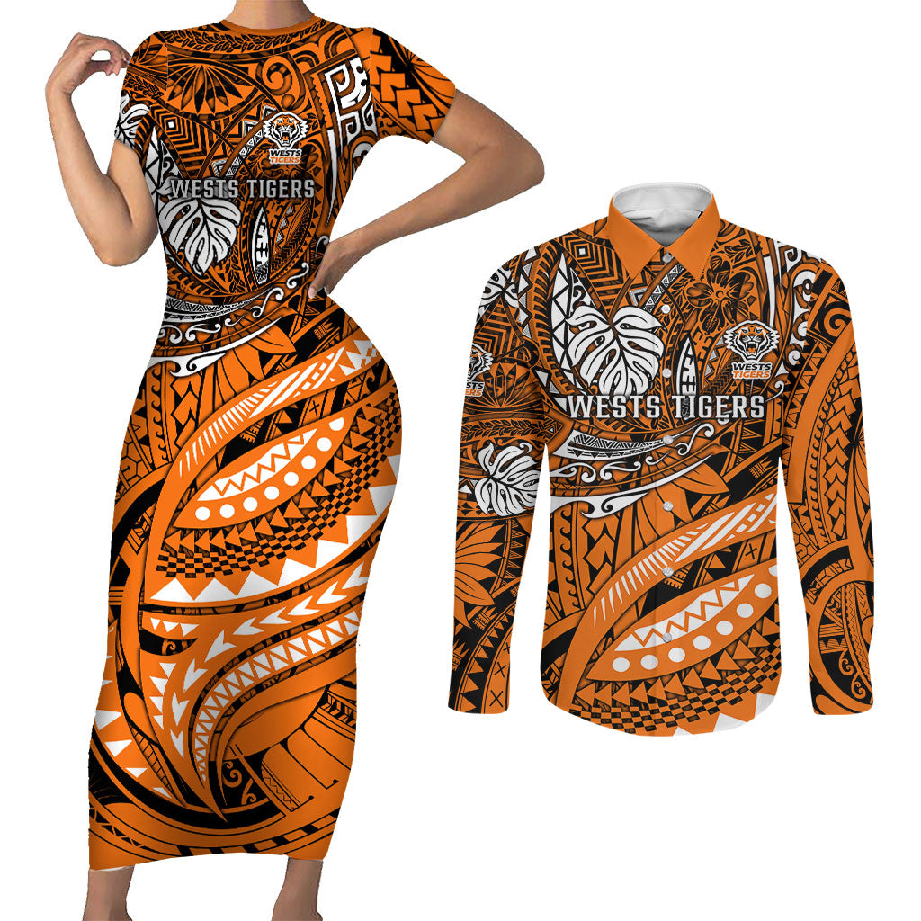 Personalised Wests Tigers Couples Matching Short Sleeve Bodycon Dress and Long Sleeve Button Shirt Polynesian Tribal Art Style With Powerful Tiger Mascot