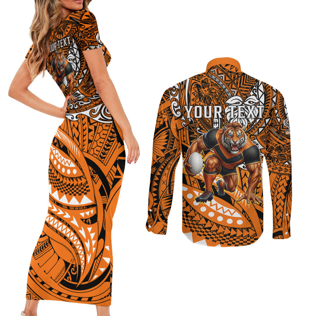Personalised Wests Tigers Couples Matching Short Sleeve Bodycon Dress and Long Sleeve Button Shirt Polynesian Tribal Art Style With Powerful Tiger Mascot