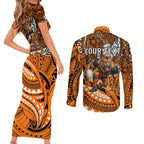Personalised Wests Tigers Couples Matching Short Sleeve Bodycon Dress and Long Sleeve Button Shirt Polynesian Tribal Art Style With Powerful Tiger Mascot
