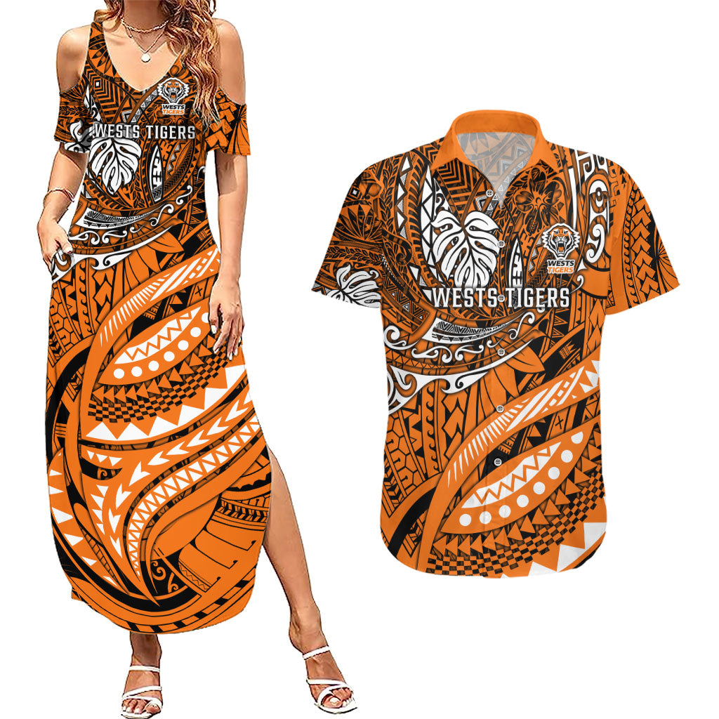 Personalised Wests Tigers Couples Matching Summer Maxi Dress and Hawaiian Shirt Polynesian Tribal Art Style With Powerful Tiger Mascot