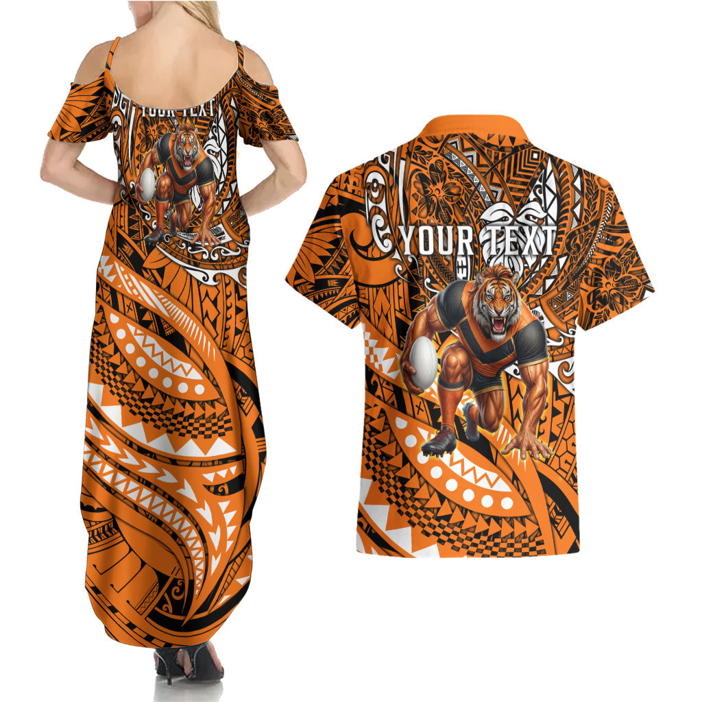 Personalised Wests Tigers Couples Matching Summer Maxi Dress and Hawaiian Shirt Polynesian Tribal Art Style With Powerful Tiger Mascot