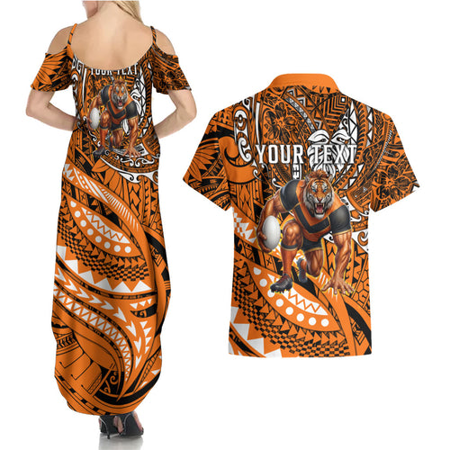 Personalised Wests Tigers Couples Matching Summer Maxi Dress and Hawaiian Shirt Polynesian Tribal Art Style With Powerful Tiger Mascot