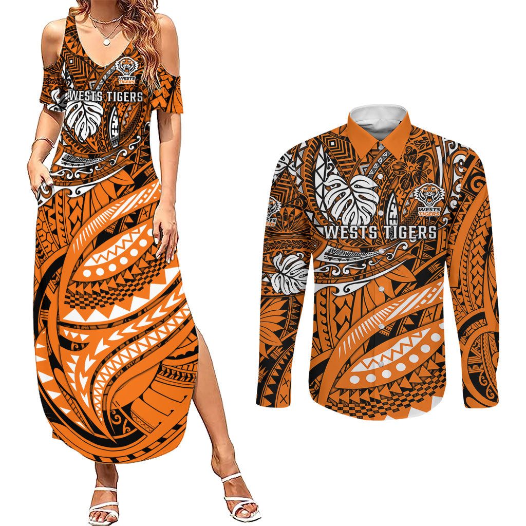 Personalised Wests Tigers Couples Matching Summer Maxi Dress and Long Sleeve Button Shirt Polynesian Tribal Art Style With Powerful Tiger Mascot