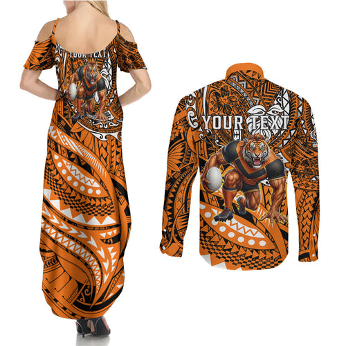 Personalised Wests Tigers Couples Matching Summer Maxi Dress and Long Sleeve Button Shirt Polynesian Tribal Art Style With Powerful Tiger Mascot