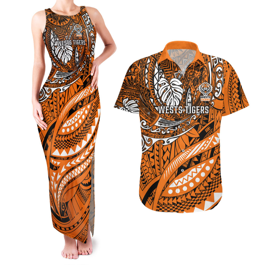 Personalised Wests Tigers Couples Matching Tank Maxi Dress and Hawaiian Shirt Polynesian Tribal Art Style With Powerful Tiger Mascot