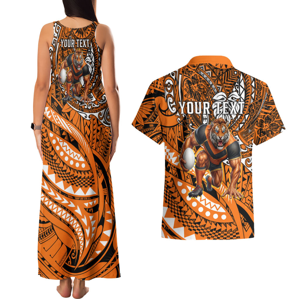 Personalised Wests Tigers Couples Matching Tank Maxi Dress and Hawaiian Shirt Polynesian Tribal Art Style With Powerful Tiger Mascot