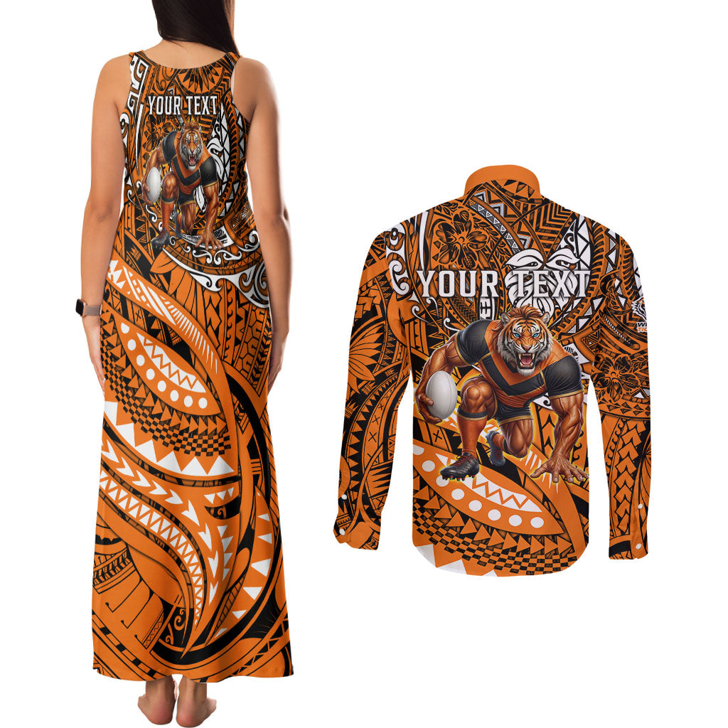 Personalised Wests Tigers Couples Matching Tank Maxi Dress and Long Sleeve Button Shirt Polynesian Tribal Art Style With Powerful Tiger Mascot