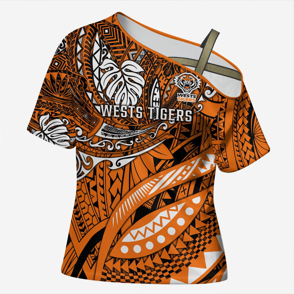 Personalised Wests Tigers Cross Shoulder Shirt Polynesian Tribal Art Style With Powerful Tiger Mascot