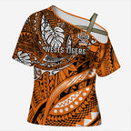 Personalised Wests Tigers Cross Shoulder Shirt Polynesian Tribal Art Style With Powerful Tiger Mascot
