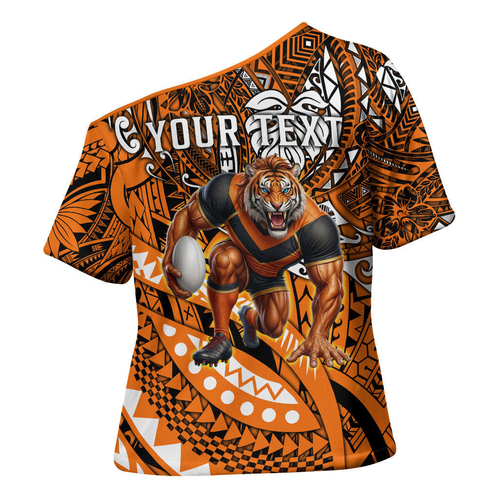 Personalised Wests Tigers Cross Shoulder Shirt Polynesian Tribal Art Style With Powerful Tiger Mascot