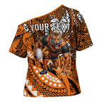 Personalised Wests Tigers Cross Shoulder Shirt Polynesian Tribal Art Style With Powerful Tiger Mascot