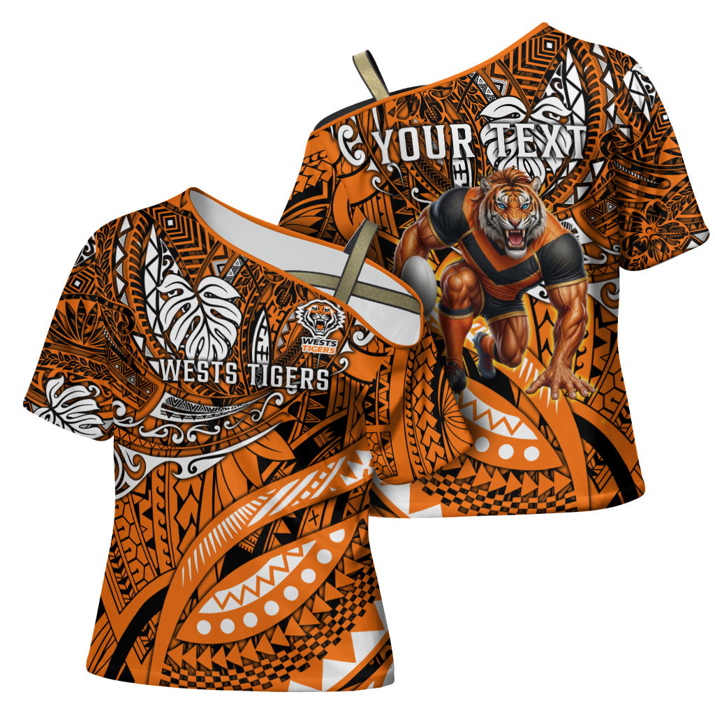 Personalised Wests Tigers Cross Shoulder Shirt Polynesian Tribal Art Style With Powerful Tiger Mascot