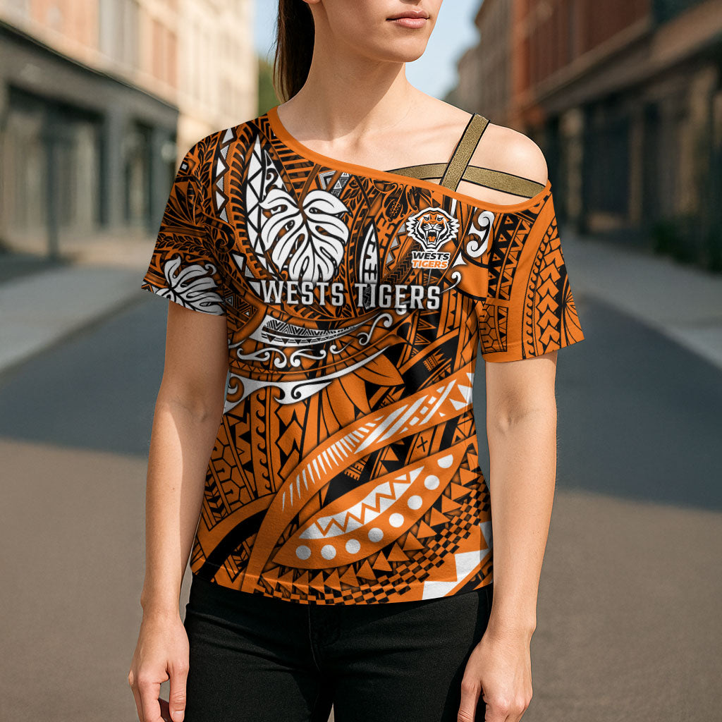 Personalised Wests Tigers Cross Shoulder Shirt Polynesian Tribal Art Style With Powerful Tiger Mascot