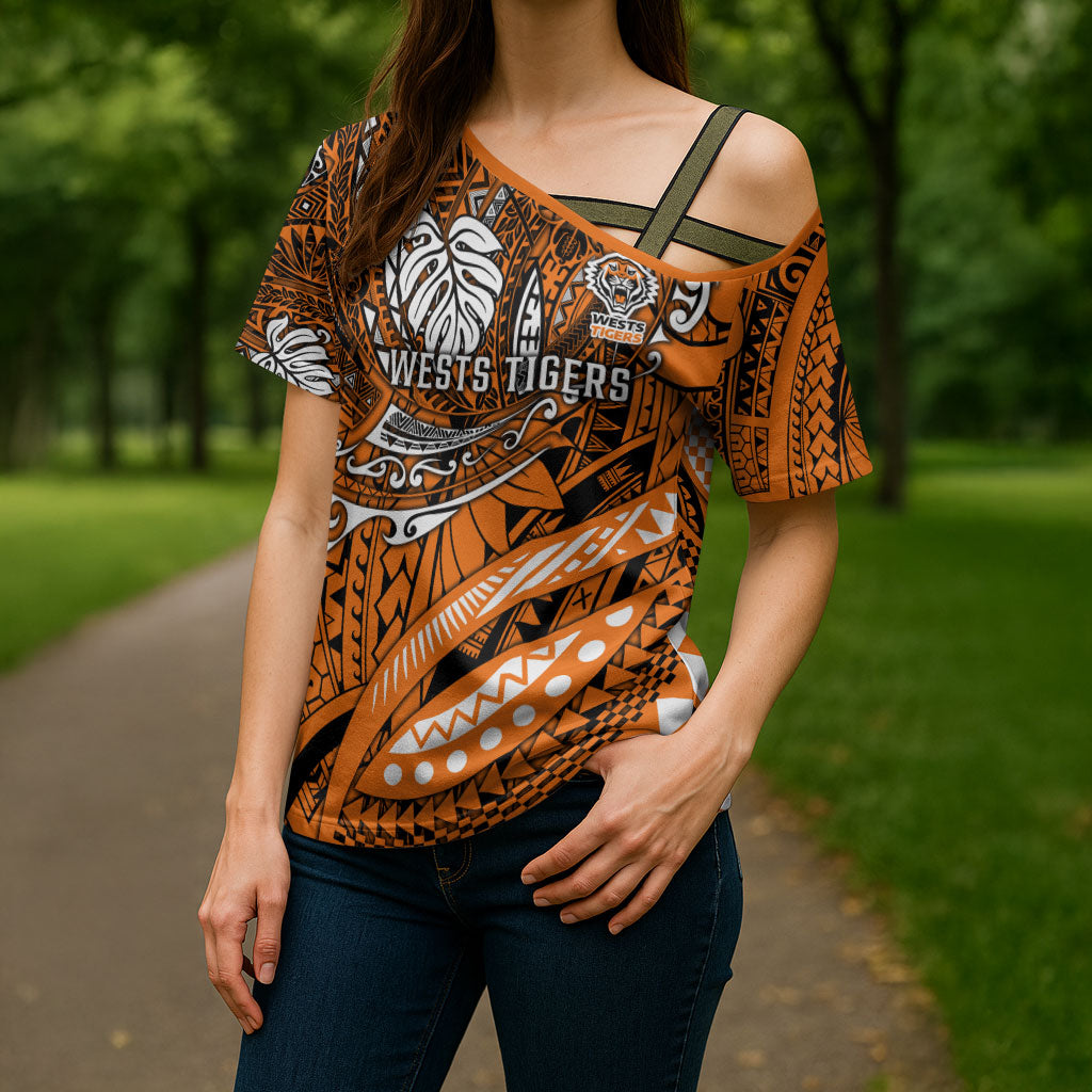 Personalised Wests Tigers Cross Shoulder Shirt Polynesian Tribal Art Style With Powerful Tiger Mascot