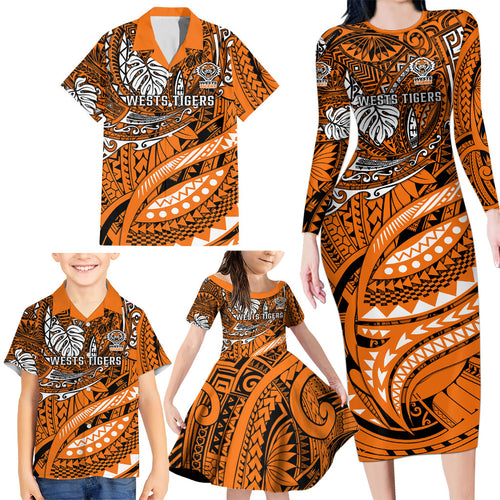 Personalised Wests Tigers Family Matching Long Sleeve Bodycon Dress and Hawaiian Shirt Polynesian Tribal Art Style With Powerful Tiger Mascot
