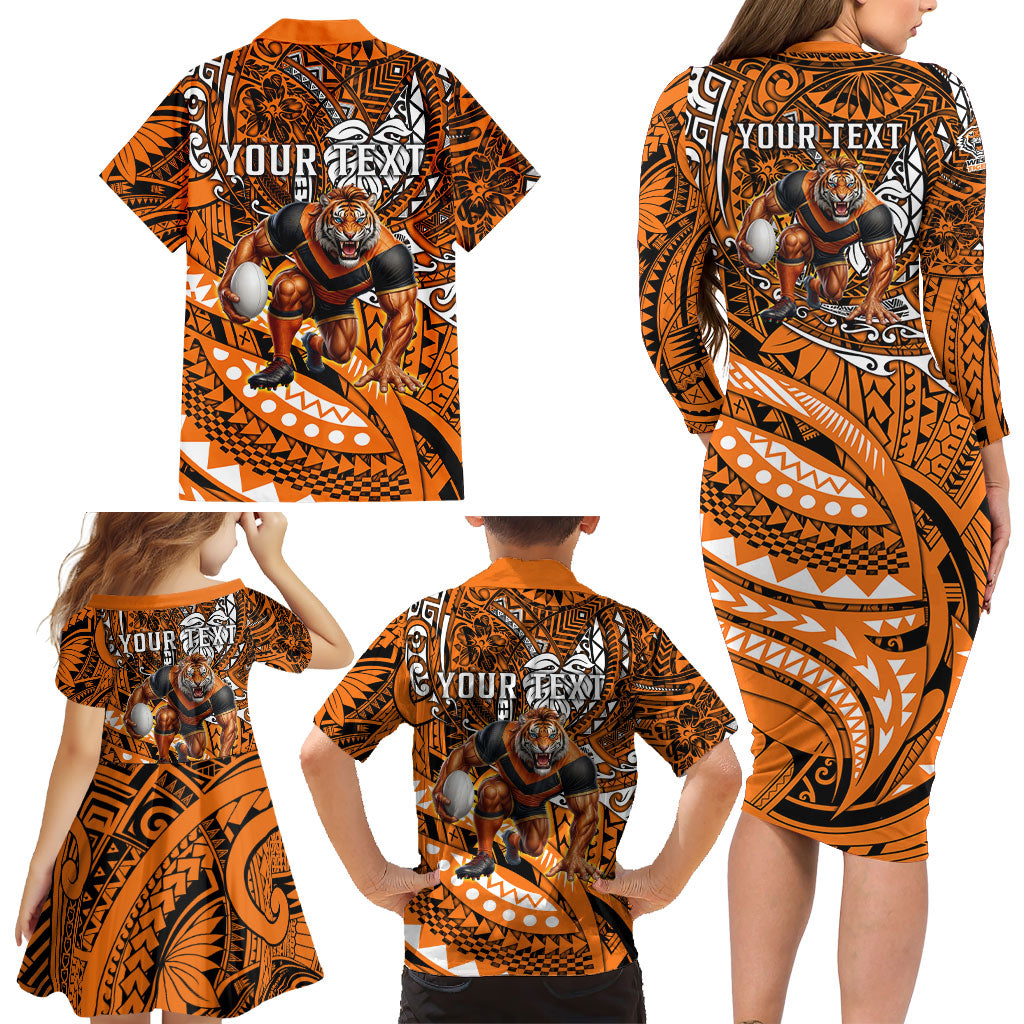 Personalised Wests Tigers Family Matching Long Sleeve Bodycon Dress and Hawaiian Shirt Polynesian Tribal Art Style With Powerful Tiger Mascot