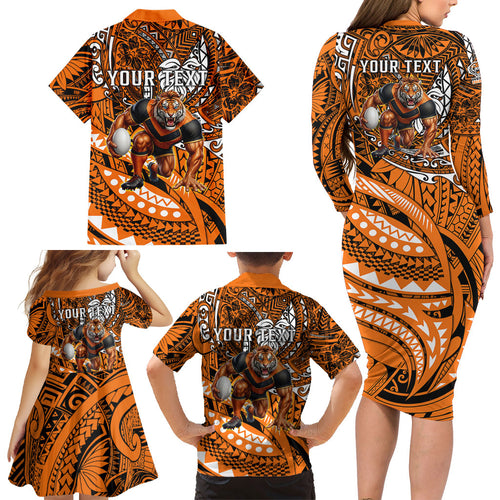 Personalised Wests Tigers Family Matching Long Sleeve Bodycon Dress and Hawaiian Shirt Polynesian Tribal Art Style With Powerful Tiger Mascot