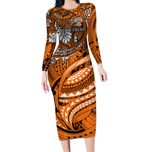 Personalised Wests Tigers Family Matching Long Sleeve Bodycon Dress and Hawaiian Shirt Polynesian Tribal Art Style With Powerful Tiger Mascot