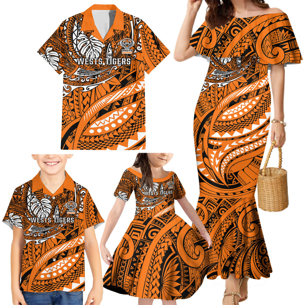 Personalised Wests Tigers Family Matching Mermaid Dress and Hawaiian Shirt Polynesian Tribal Art Style With Powerful Tiger Mascot