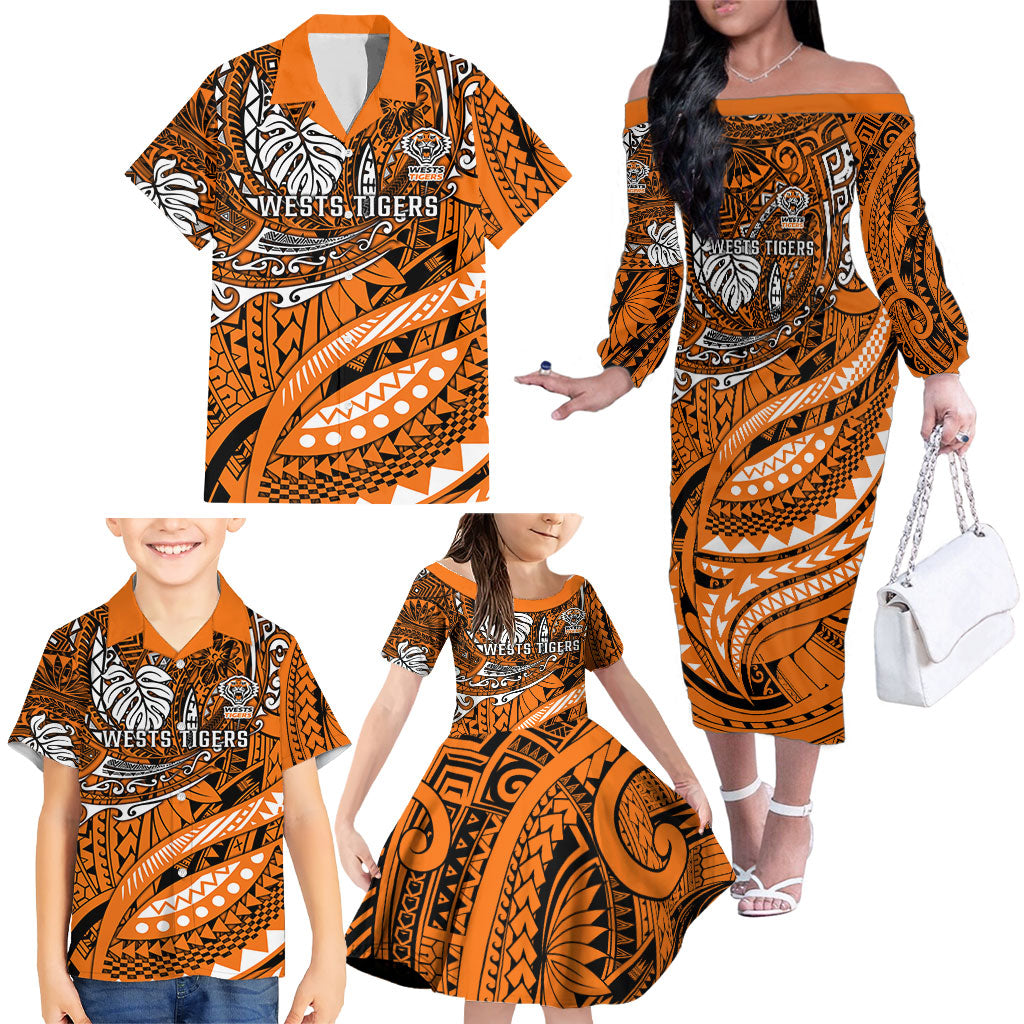 Personalised Wests Tigers Family Matching Off The Shoulder Long Sleeve Dress and Hawaiian Shirt Polynesian Tribal Art Style With Powerful Tiger Mascot