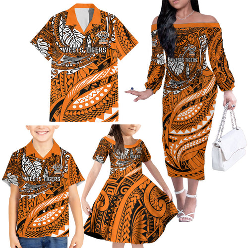 Personalised Wests Tigers Family Matching Off The Shoulder Long Sleeve Dress and Hawaiian Shirt Polynesian Tribal Art Style With Powerful Tiger Mascot