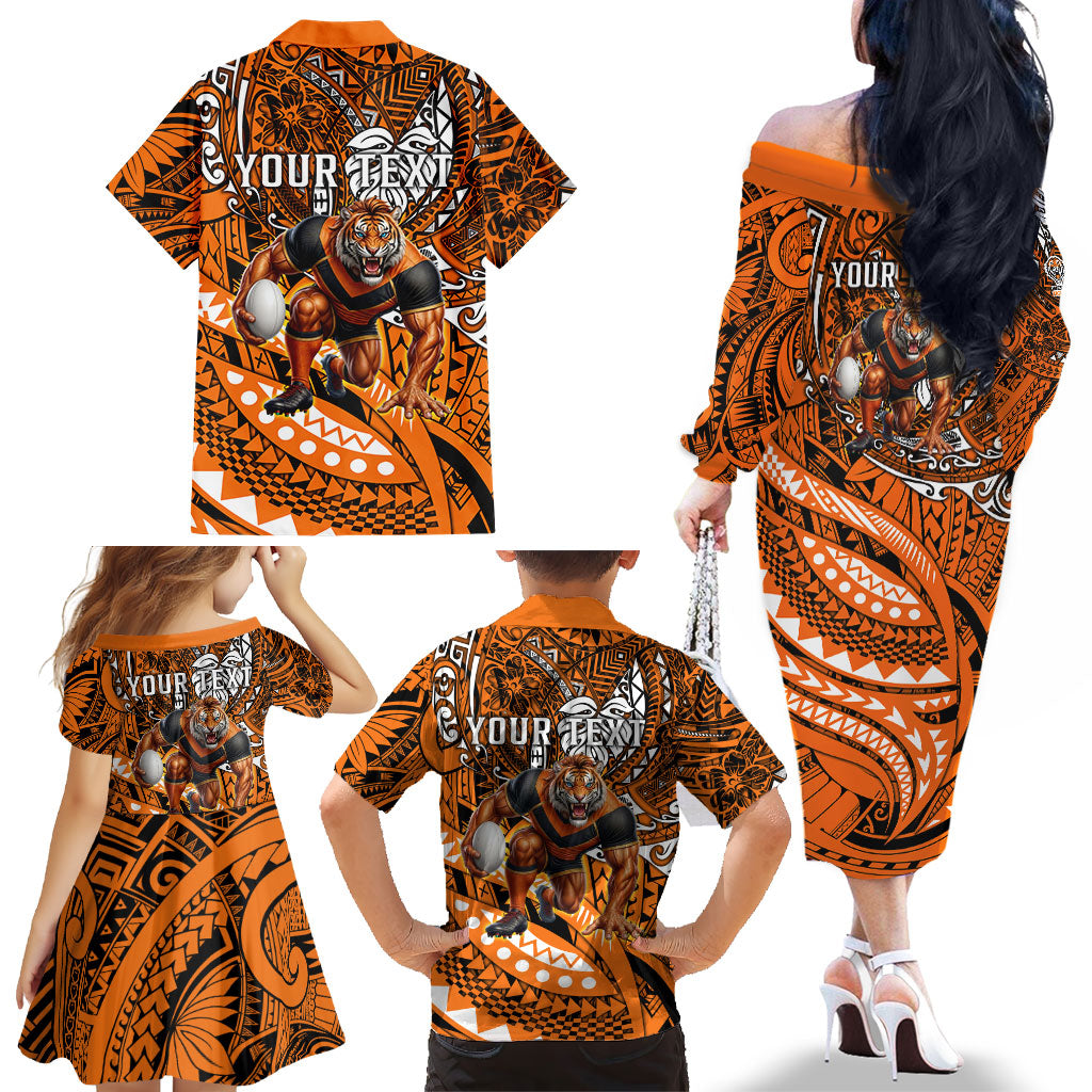 Personalised Wests Tigers Family Matching Off The Shoulder Long Sleeve Dress and Hawaiian Shirt Polynesian Tribal Art Style With Powerful Tiger Mascot