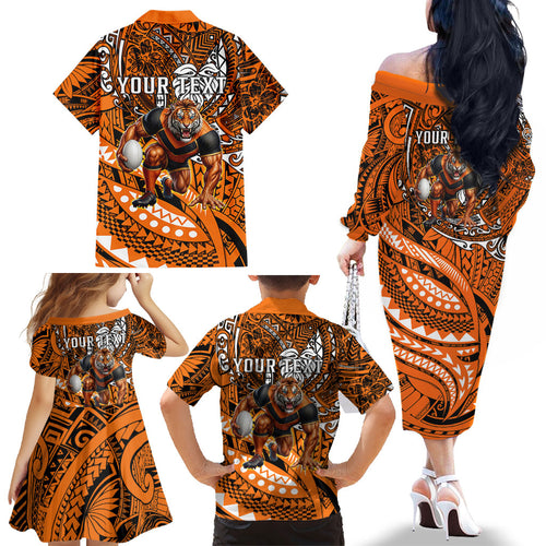 Personalised Wests Tigers Family Matching Off The Shoulder Long Sleeve Dress and Hawaiian Shirt Polynesian Tribal Art Style With Powerful Tiger Mascot