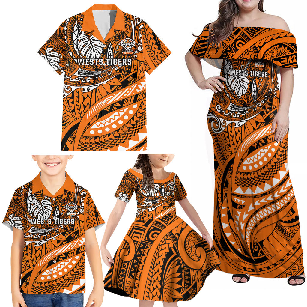 Personalised Wests Tigers Family Matching Off Shoulder Maxi Dress and Hawaiian Shirt Polynesian Tribal Art Style With Powerful Tiger Mascot