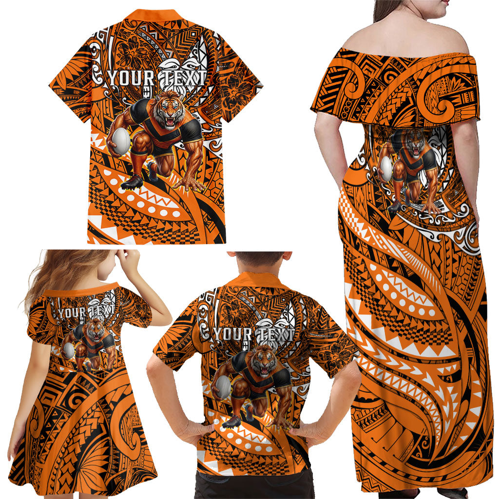 Personalised Wests Tigers Family Matching Off Shoulder Maxi Dress and Hawaiian Shirt Polynesian Tribal Art Style With Powerful Tiger Mascot