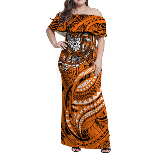 Personalised Wests Tigers Family Matching Off Shoulder Maxi Dress and Hawaiian Shirt Polynesian Tribal Art Style With Powerful Tiger Mascot
