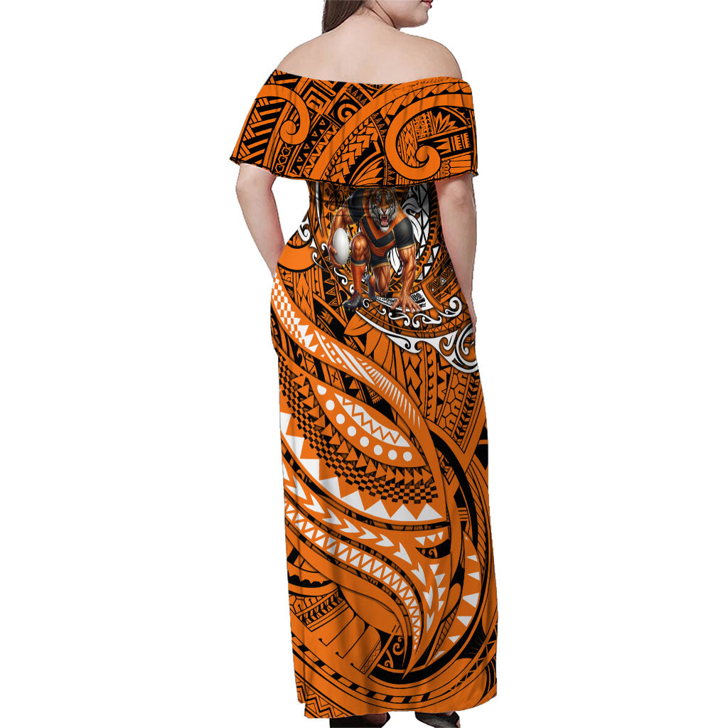 Personalised Wests Tigers Family Matching Off Shoulder Maxi Dress and Hawaiian Shirt Polynesian Tribal Art Style With Powerful Tiger Mascot