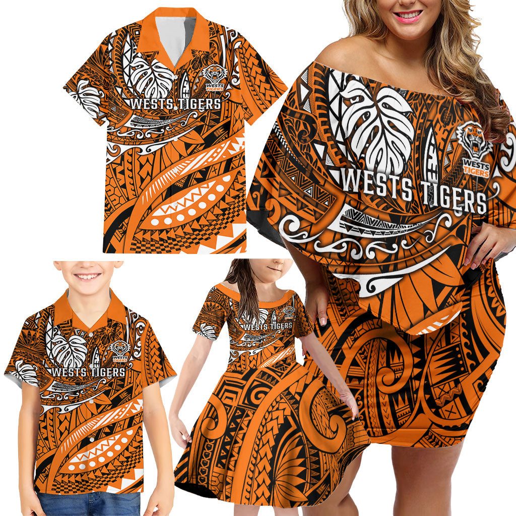 Personalised Wests Tigers Family Matching Off Shoulder Short Dress and Hawaiian Shirt Polynesian Tribal Art Style With Powerful Tiger Mascot