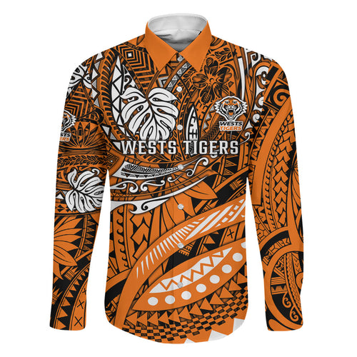 Personalised Wests Tigers Family Matching Off Shoulder Short Dress and Hawaiian Shirt Polynesian Tribal Art Style With Powerful Tiger Mascot