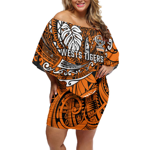 Personalised Wests Tigers Family Matching Off Shoulder Short Dress and Hawaiian Shirt Polynesian Tribal Art Style With Powerful Tiger Mascot