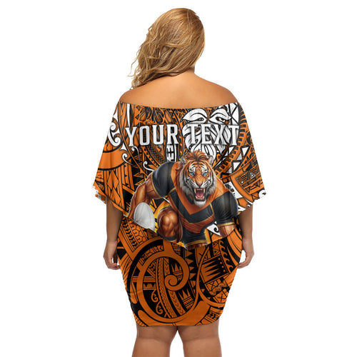 Personalised Wests Tigers Family Matching Off Shoulder Short Dress and Hawaiian Shirt Polynesian Tribal Art Style With Powerful Tiger Mascot