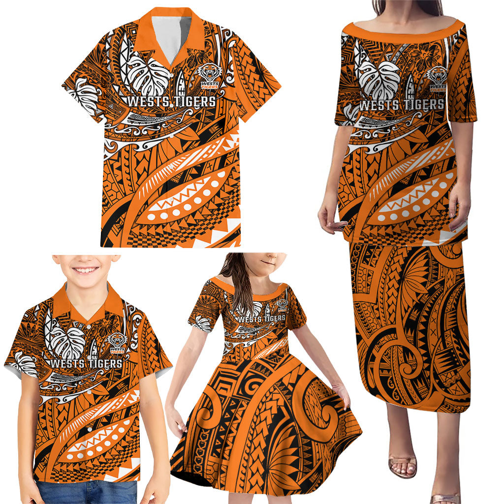 Personalised Wests Tigers Family Matching Puletasi and Hawaiian Shirt Polynesian Tribal Art Style With Powerful Tiger Mascot
