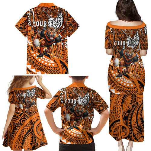 Personalised Wests Tigers Family Matching Puletasi and Hawaiian Shirt Polynesian Tribal Art Style With Powerful Tiger Mascot