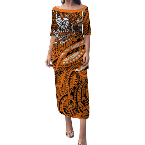 Personalised Wests Tigers Family Matching Puletasi and Hawaiian Shirt Polynesian Tribal Art Style With Powerful Tiger Mascot
