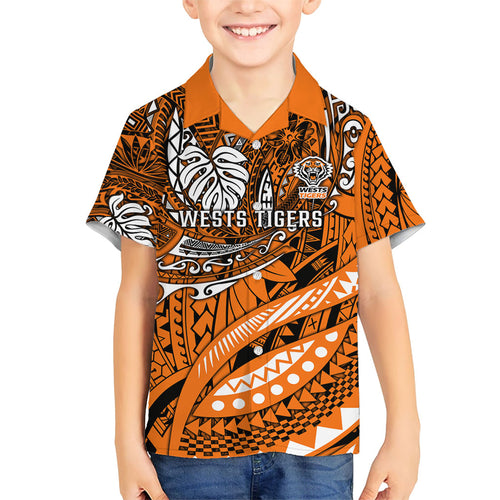 Personalised Wests Tigers Family Matching Puletasi and Hawaiian Shirt Polynesian Tribal Art Style With Powerful Tiger Mascot